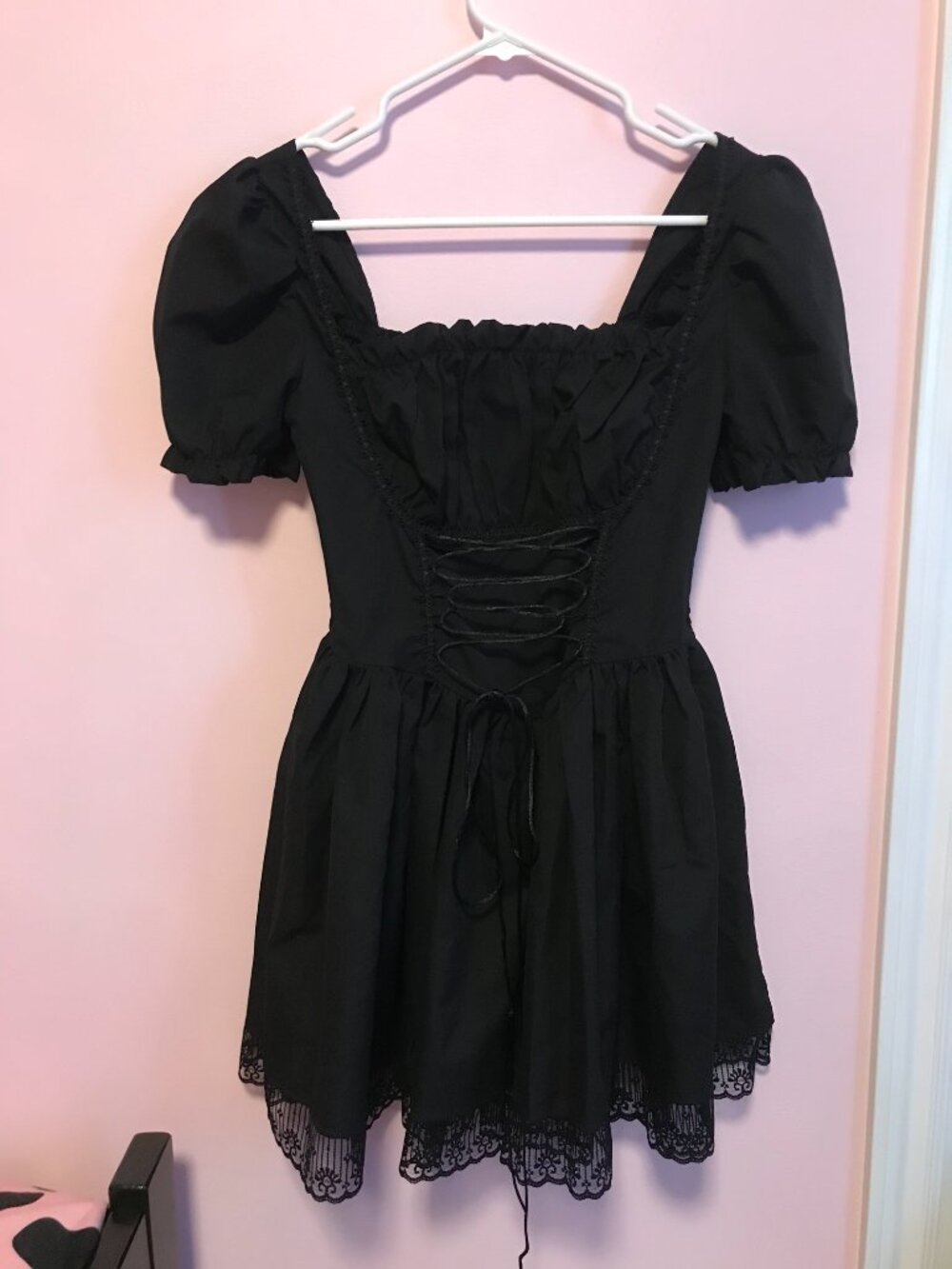 SHEIN Gothic Square Neck Frill Trim Puff Sleeve Lace Up Front Dress